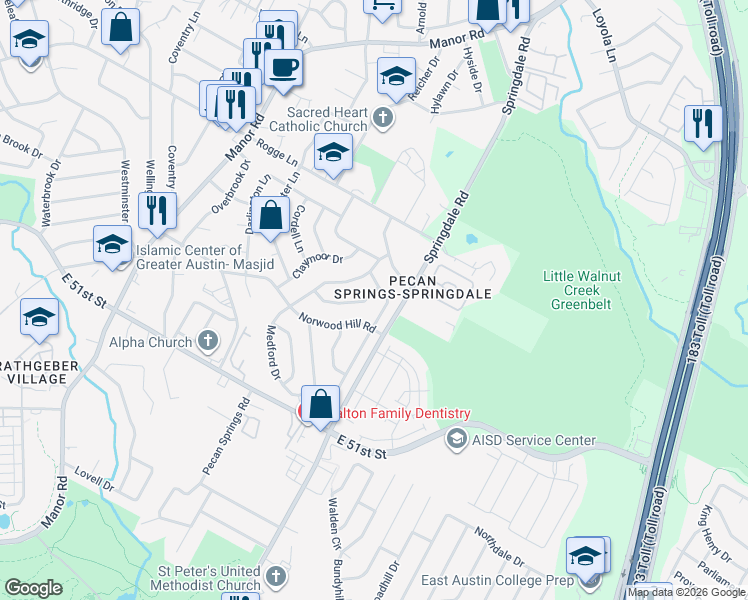map of restaurants, bars, coffee shops, grocery stores, and more near 5505 Pendleton Lane in Austin