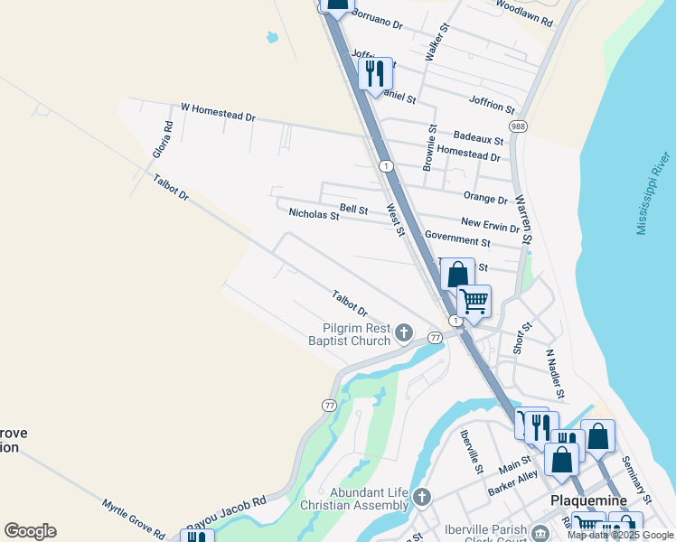 map of restaurants, bars, coffee shops, grocery stores, and more near 22830 Jade Drive in Plaquemine