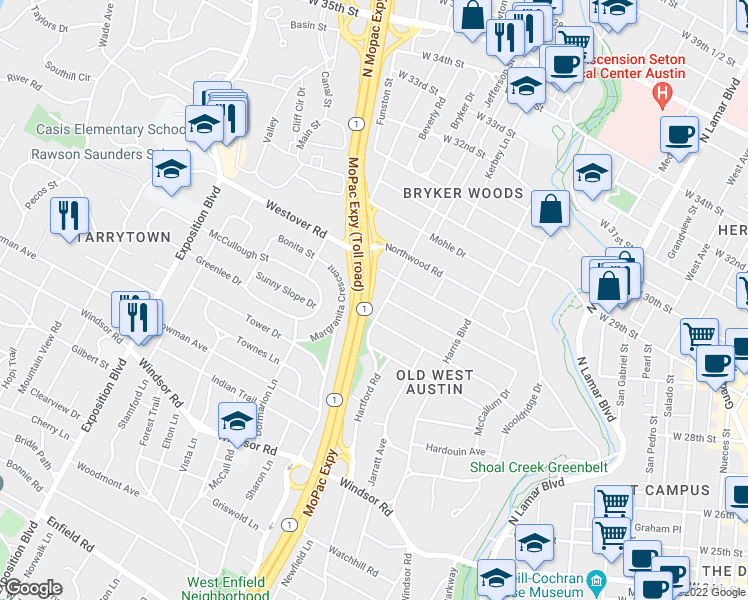 map of restaurants, bars, coffee shops, grocery stores, and more near 2612 Jefferson Street in Austin