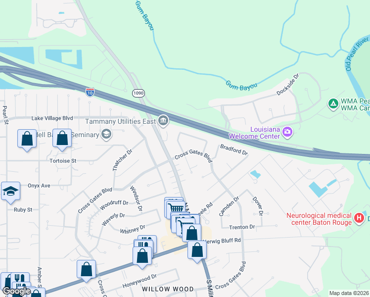 map of restaurants, bars, coffee shops, grocery stores, and more near 302 East Queensbury Drive in Slidell