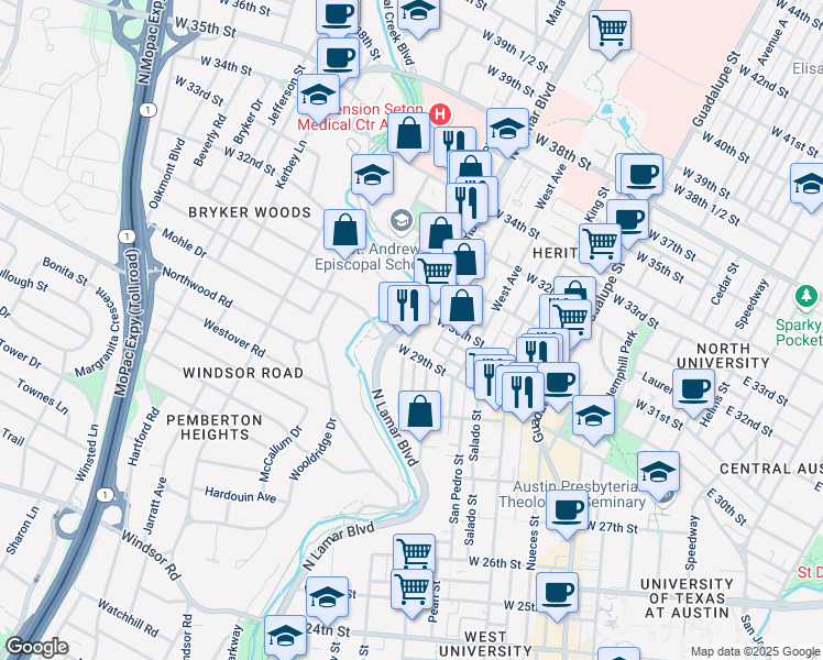 map of restaurants, bars, coffee shops, grocery stores, and more near 2908 San Gabriel Street in Austin