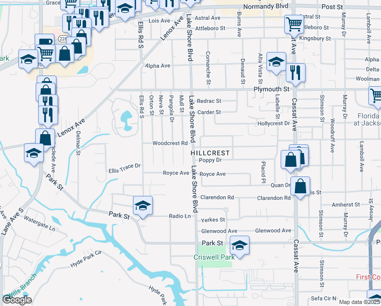 map of restaurants, bars, coffee shops, grocery stores, and more near 1318 Lake Shore Boulevard in Jacksonville