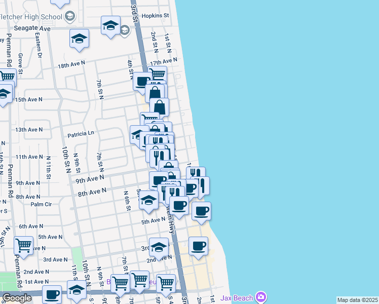 map of restaurants, bars, coffee shops, grocery stores, and more near 1003 1st Street North in Jacksonville Beach