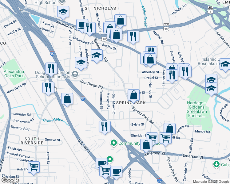 map of restaurants, bars, coffee shops, grocery stores, and more near 2605 Glen Mawr Road in Jacksonville