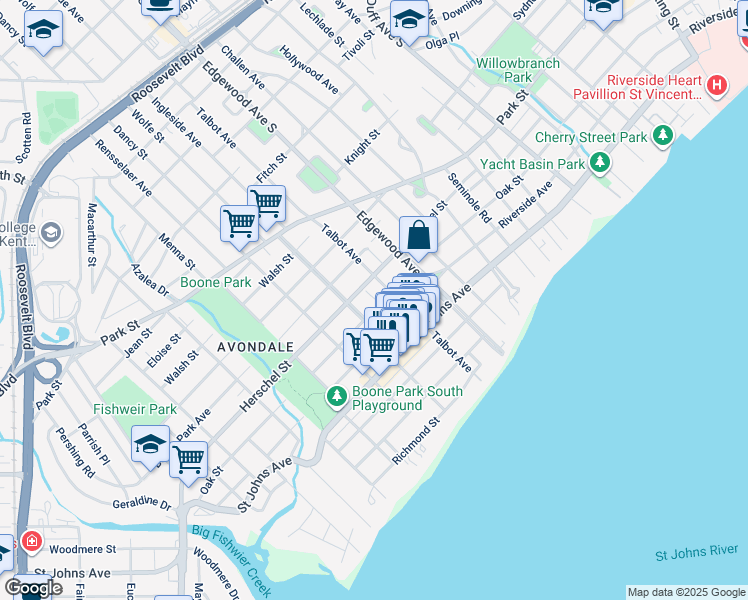 map of restaurants, bars, coffee shops, grocery stores, and more near 3559 Oak Street in Jacksonville