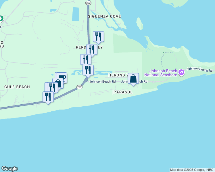 map of restaurants, bars, coffee shops, grocery stores, and more near 13351 Johnson Beach Road in Pensacola