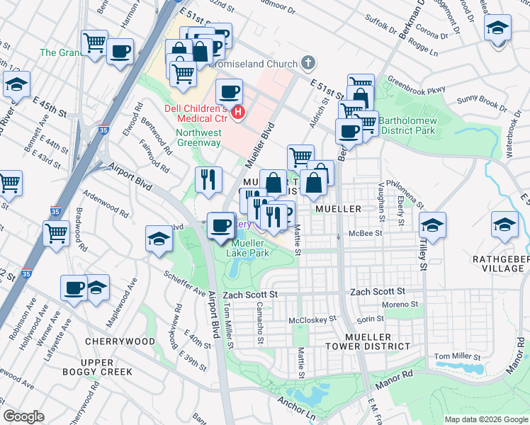 map of restaurants, bars, coffee shops, grocery stores, and more near in Austin