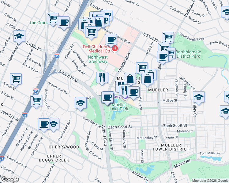 map of restaurants, bars, coffee shops, grocery stores, and more near 4600 James Wheat Street in Austin