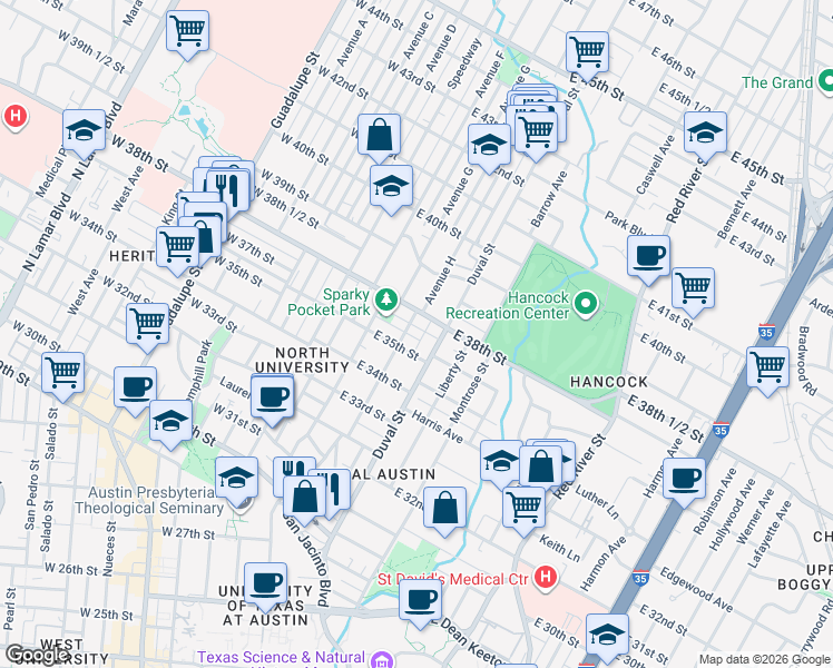 map of restaurants, bars, coffee shops, grocery stores, and more near 3707 Tom Green Street in Austin