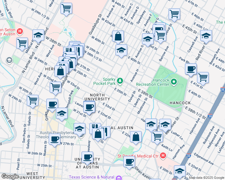 map of restaurants, bars, coffee shops, grocery stores, and more near 302 East 35th Street in Austin