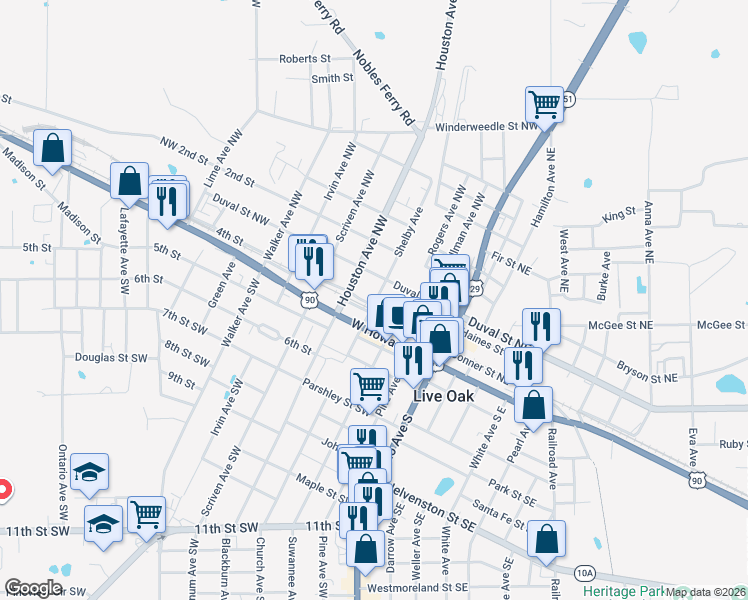 map of restaurants, bars, coffee shops, grocery stores, and more near 400 4th Street Northwest in Live Oak