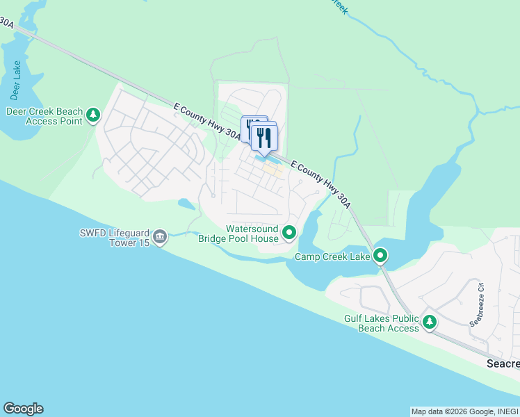 map of restaurants, bars, coffee shops, grocery stores, and more near 59 West Crabbing Hole Lane in Rosemary Beach