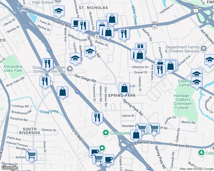 map of restaurants, bars, coffee shops, grocery stores, and more near 2605 Glen Mawr Road in Jacksonville