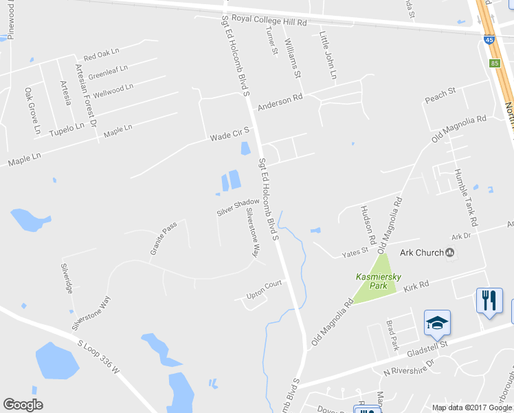 map of restaurants, bars, coffee shops, grocery stores, and more near 2601 Silverstone Way in Conroe