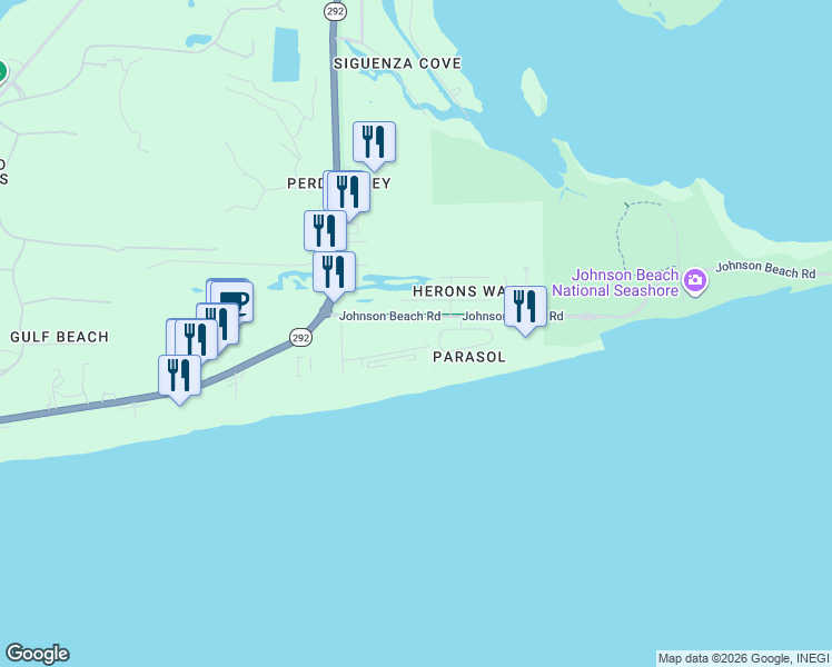 map of restaurants, bars, coffee shops, grocery stores, and more near 13351 Johnson Beach Road in Pensacola