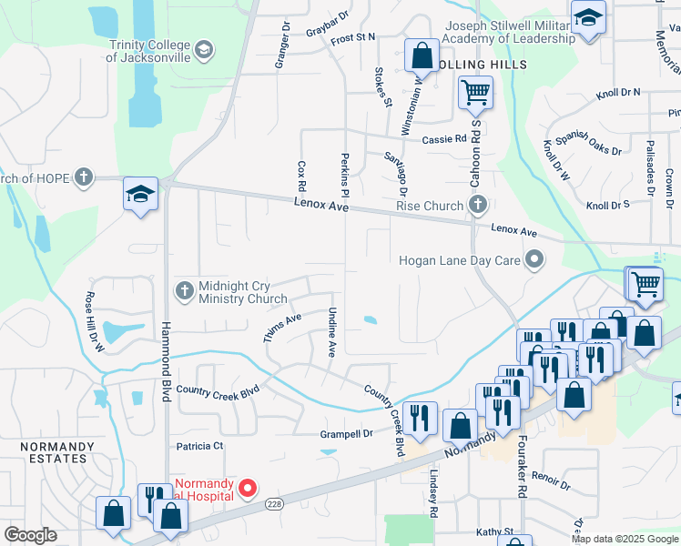 map of restaurants, bars, coffee shops, grocery stores, and more near 8405 Rock Knoll Drive in Jacksonville