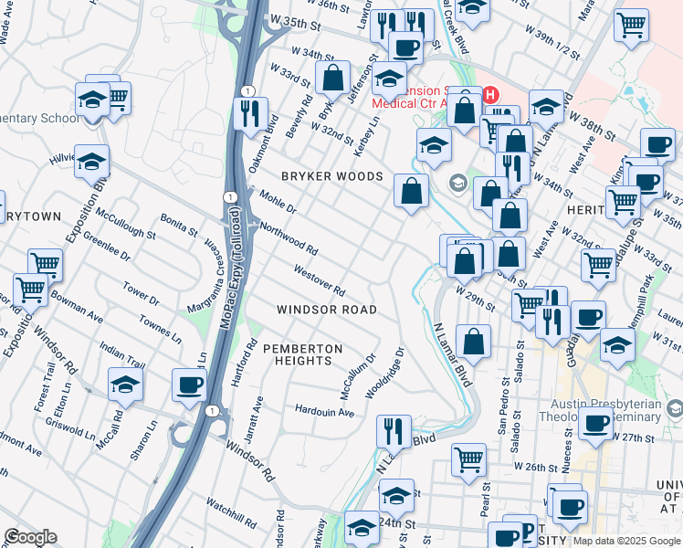 map of restaurants, bars, coffee shops, grocery stores, and more near 1501 Northwood Road in Austin