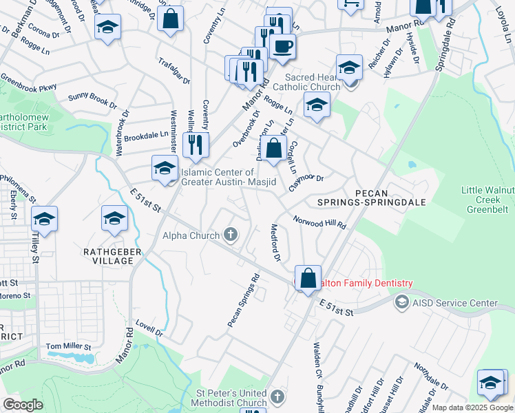 map of restaurants, bars, coffee shops, grocery stores, and more near 5302 Darlington Cove in Austin