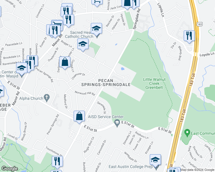 map of restaurants, bars, coffee shops, grocery stores, and more near 5607 Springdale Road in Austin