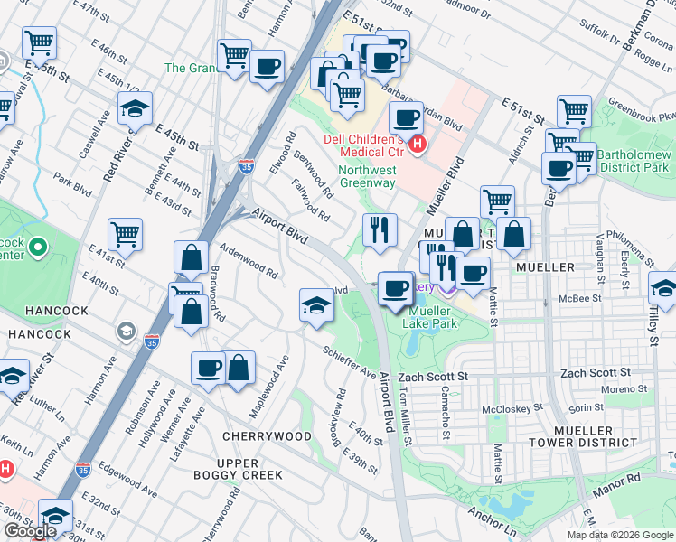 map of restaurants, bars, coffee shops, grocery stores, and more near 4304 Airport Boulevard in Austin