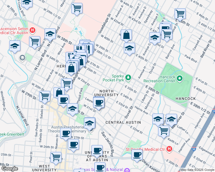 map of restaurants, bars, coffee shops, grocery stores, and more near 3400 Speedway in Austin