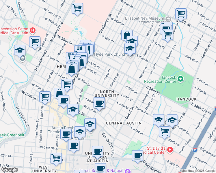 map of restaurants, bars, coffee shops, grocery stores, and more near 3400 Speedway in Austin