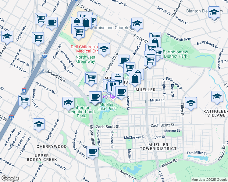 map of restaurants, bars, coffee shops, grocery stores, and more near 2401 Aldrich Street in Austin