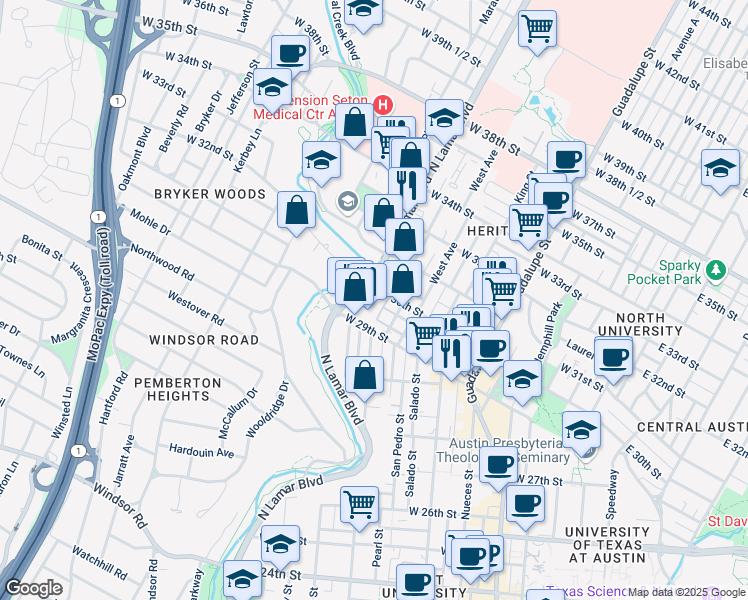 map of restaurants, bars, coffee shops, grocery stores, and more near 2908 San Gabriel Street in Austin