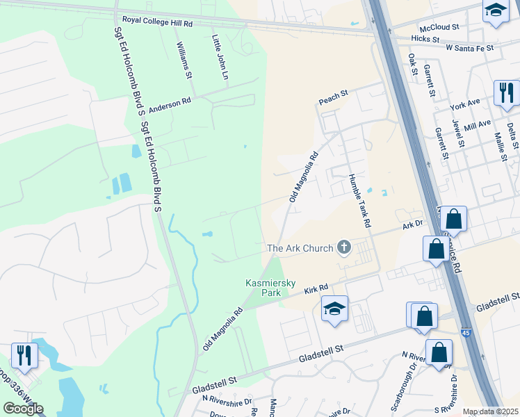 map of restaurants, bars, coffee shops, grocery stores, and more near 1521 White Road in Conroe