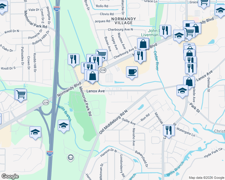 map of restaurants, bars, coffee shops, grocery stores, and more near 7005 Lenox Avenue in Jacksonville
