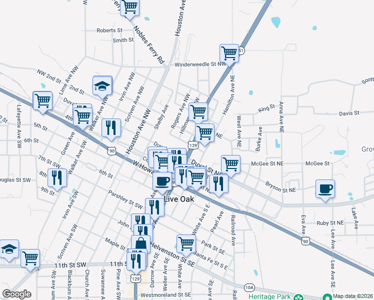 map of restaurants, bars, coffee shops, grocery stores, and more near 313 Ohio Avenue North in Live Oak