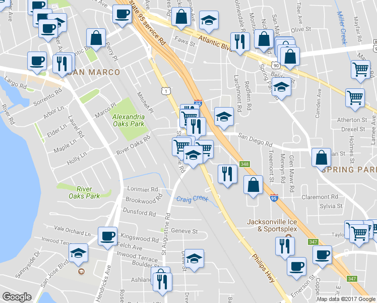 map of restaurants, bars, coffee shops, grocery stores, and more near 2026 Westmont Street in Jacksonville