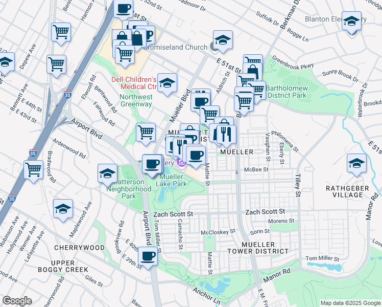 map of restaurants, bars, coffee shops, grocery stores, and more near 1826 Robert Browning Street in Austin