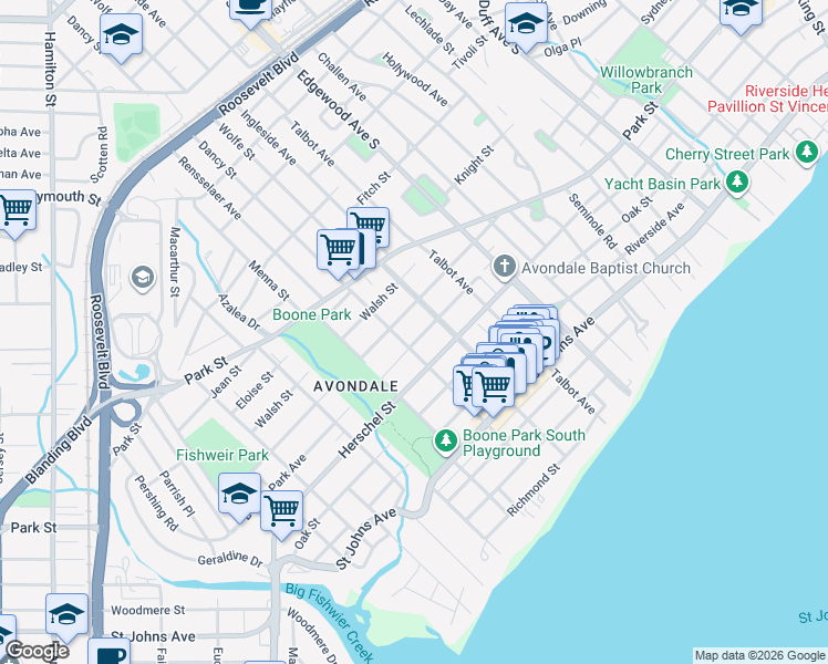 map of restaurants, bars, coffee shops, grocery stores, and more near 3631 Boone Park Avenue in Jacksonville
