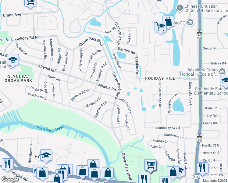 map of restaurants, bars, coffee shops, grocery stores, and more near 8035 Jamaica Road West in Jacksonville