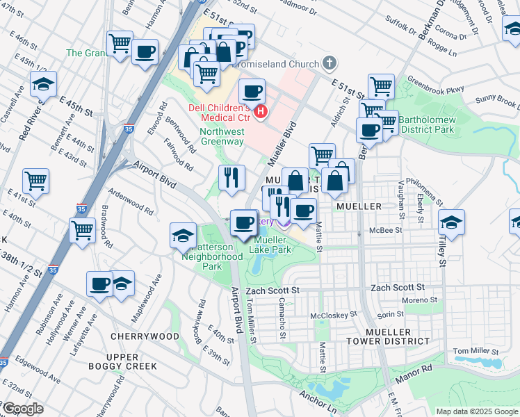 map of restaurants, bars, coffee shops, grocery stores, and more near 4600 James Wheat Street in Austin
