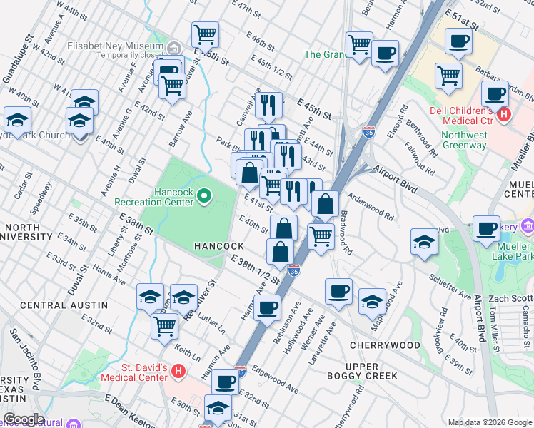 map of restaurants, bars, coffee shops, grocery stores, and more near 925 East 41st Street in Austin