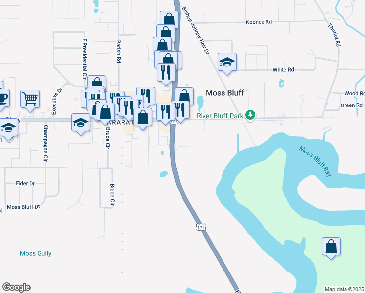 map of restaurants, bars, coffee shops, grocery stores, and more near 351 Pete Dartez Road in Lake Charles