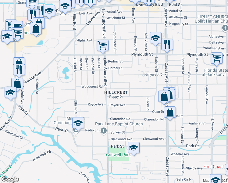 map of restaurants, bars, coffee shops, grocery stores, and more near 5362 Woodcrest Road in Jacksonville