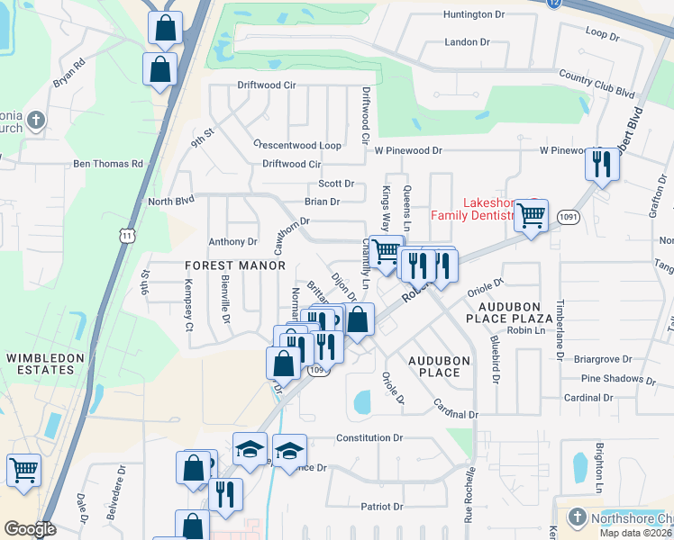 map of restaurants, bars, coffee shops, grocery stores, and more near 126 Dijon Drive in Slidell
