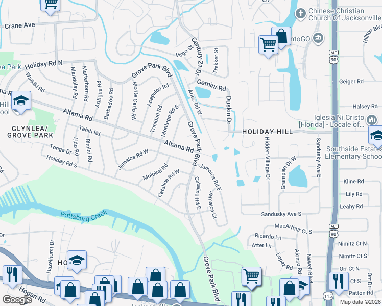 map of restaurants, bars, coffee shops, grocery stores, and more near 8035 Jamaica Road West in Jacksonville