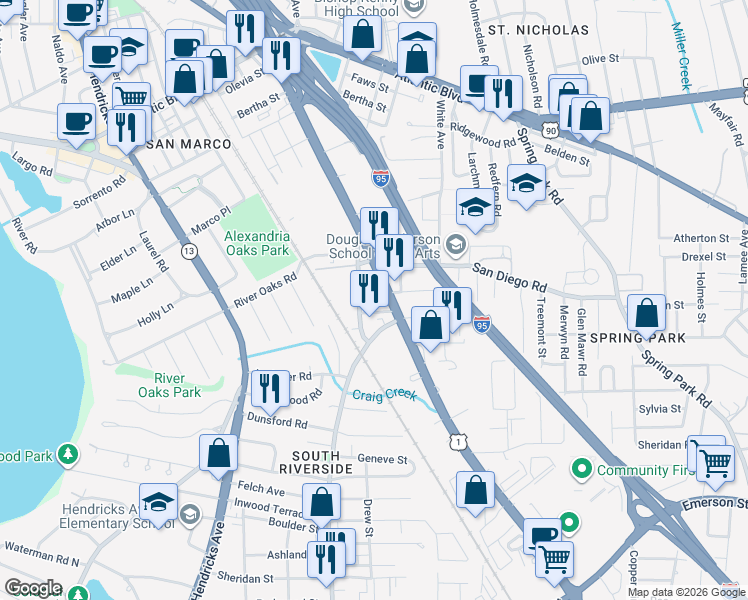map of restaurants, bars, coffee shops, grocery stores, and more near 2026 Westmont Street in Jacksonville