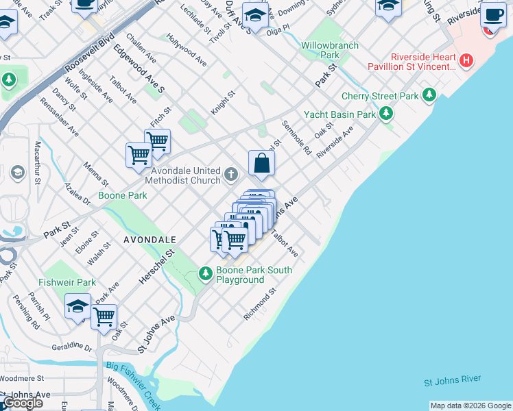 map of restaurants, bars, coffee shops, grocery stores, and more near 3527 Riverside Avenue in Jacksonville
