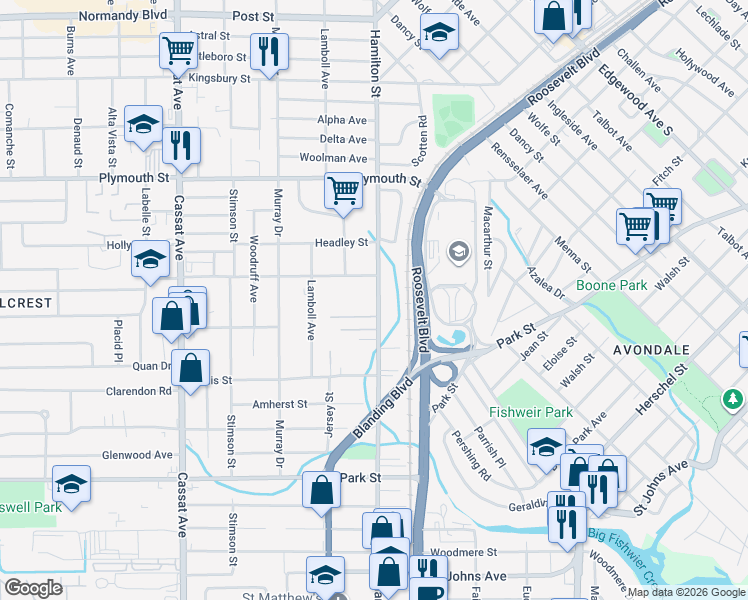 map of restaurants, bars, coffee shops, grocery stores, and more near 1329 Hamilton Street in Jacksonville