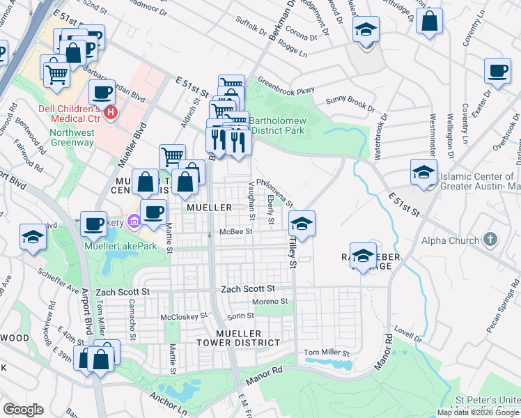 map of restaurants, bars, coffee shops, grocery stores, and more near 2603 Robert Browning Street in Austin