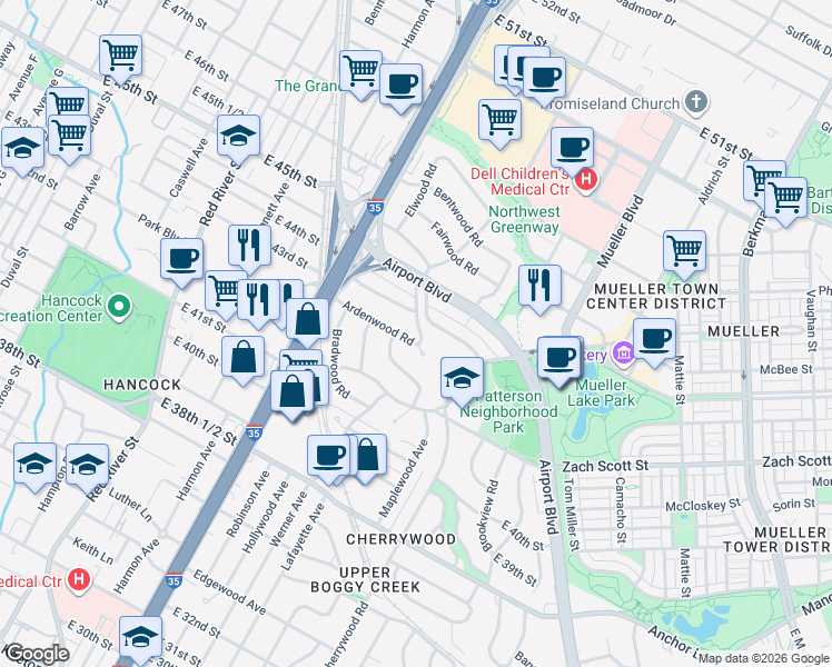 map of restaurants, bars, coffee shops, grocery stores, and more near 1312 Ardenwood Road in Austin