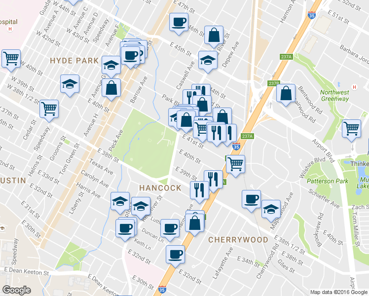 map of restaurants, bars, coffee shops, grocery stores, and more near 915 East 41st Street in Austin