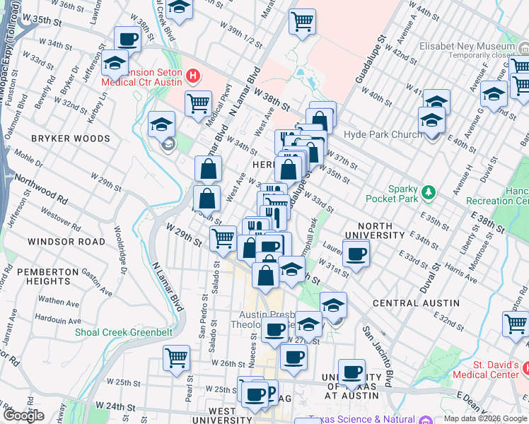 map of restaurants, bars, coffee shops, grocery stores, and more near 607 1/2 West 31st 1/2 Street in Austin