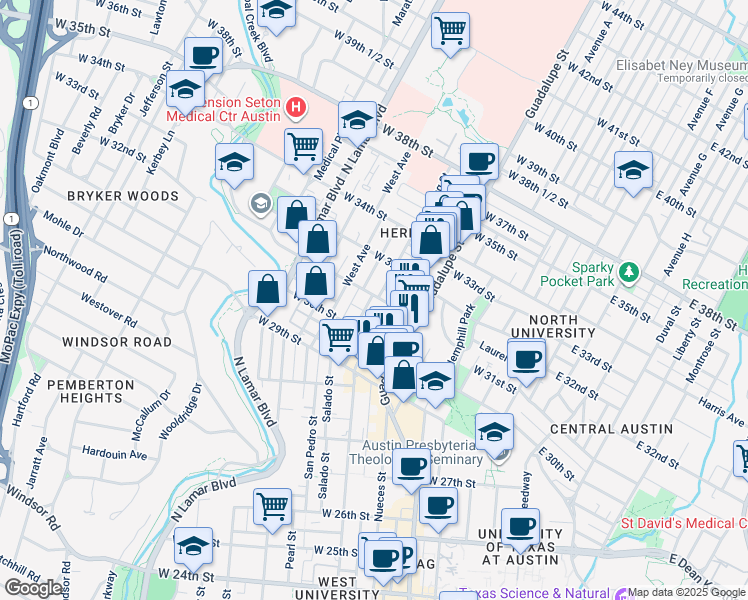 map of restaurants, bars, coffee shops, grocery stores, and more near 3015 Washington Square in Austin