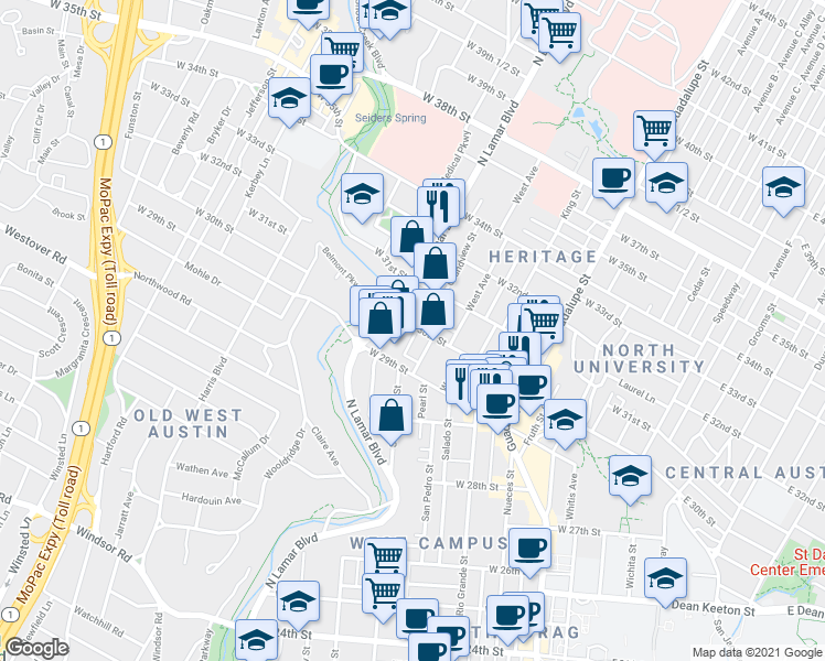map of restaurants, bars, coffee shops, grocery stores, and more near in Austin